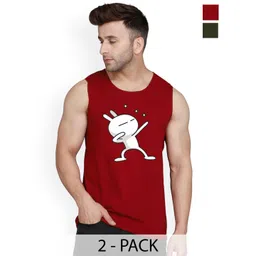 SLOWLORIS Pack Of 2 Printed Round Neck Sleeveless Bio-Wash Cotton Gym Vests-picture-29