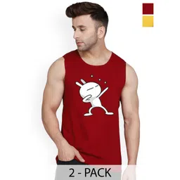 SLOWLORIS Pack Of 2 Printed Round Neck Sleeveless Bio-Wash Cotton Gym Vests-picture-14