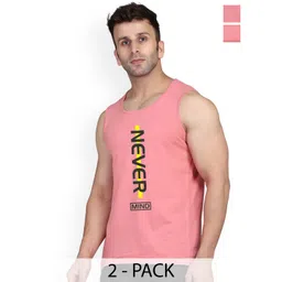 SLOWLORIS Pack Of 2 Printed Round Neck Sleeveless Bio-Washed Cotton Gym Vests-picture-28