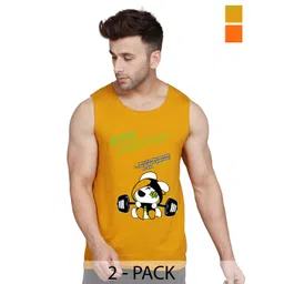 SLOWLORIS Pack of 2 Printed Sleeveless Bio-Wash Combed Cotton Gym Innerwear Vests-picture-29