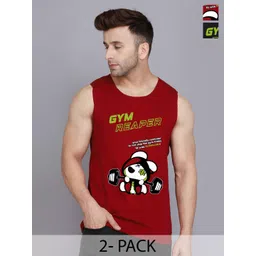 SLOWLORIS Pack of 2 Printed Sleeveless Bio-Wash Combed Cotton Gym Innerwear Vests-picture-20