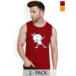 SLOWLORIS Pack Of 2 Printed Sleeveless Bio-Wash Combed Cotton Gym Vests-picture-27
