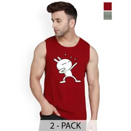 SLOWLORIS Pack Of 2 Printed Sleeveless Bio-Wash Combed Cotton Gym Vests-picture-34