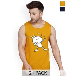 SLOWLORIS Pack Of 2 Printed Sleeveless Bio-Wash Combed Cotton Gym Vests-picture-14