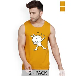 SLOWLORIS Pack Of 2 Printed Sleeveless Bio-Wash Combed Cotton Gym Vests-picture-15