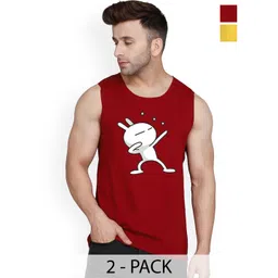 SLOWLORIS Pack Of 2 Printed Sleeveless Bio-Wash Combed Cotton Gym Vests-picture-16