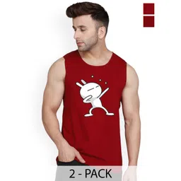 SLOWLORIS Pack Of 2 Printed Sleeveless Bio-Wash Combed Cotton Gym Vests-picture-24