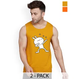 SLOWLORIS Pack Of 2 Printed Sleeveless Bio-Wash Combed Cotton Gym Vests-picture-17