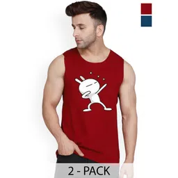 SLOWLORIS Pack Of 2 Printed Sleeveless Bio-Wash Combed Cotton Gym Vests-picture-18