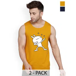SLOWLORIS Pack Of 2 Printed Sleeveless Bio-Wash Combed Cotton Gym Vests-picture-31