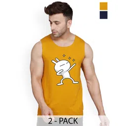 SLOWLORIS Pack Of 2 Printed Sleeveless Bio-Wash Combed Cotton Gym Vests-picture-33