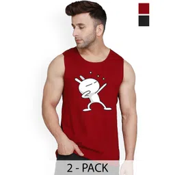 SLOWLORIS Pack Of 2 Printed Sleeveless Bio-Wash Combed Cotton Gym Vests-picture-21