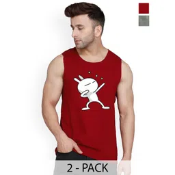 SLOWLORIS Pack Of 2 Printed Sleeveless Bio-Wash Combed Cotton Gym Vests-picture-23