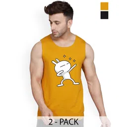 SLOWLORIS Pack Of 2 Printed Sleeveless Bio-Wash Combed Cotton Gym Vests-picture-35