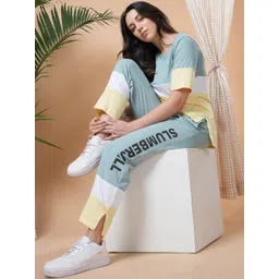 Slumber Jill Colorblocked Pure Cotton Round Neck T-Shirt & Flared Trouser Co-Ords-picture-21