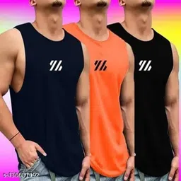 sm shayam creation Pack of 3 Men Printed Round Neck Polyester Multicolor T-Shirt Large BBO Men Vest-picture-17