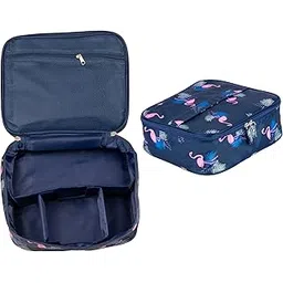 Small Portable Travel Cosmetic Bag Organizer Nylon Make up Pouch Kit for Women (Navy Blue - Flamingo)-picture-31