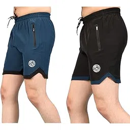 SMALL TRY Men's Athletic Shorts, Black with Navy Trim, Elastic Drawstring Waist, Zip Pockets, Shorts for Running, Gym, Yoga, Night wear and Regular wear (Pack of 2)-picture-18