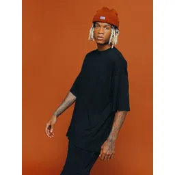 SMAN Men Solid Round Neck Cotton Oversized T-shirt image 2