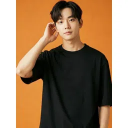SMAN Men Solid Round Neck Cotton Oversized T-shirt image 1