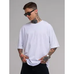 SMAN Men Solid Round Neck Cotton Oversized T-shirt image 4