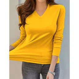 smart colors Women Solid V Neck Cotton Blend Yellow T-Shirt-picture-14