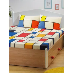 Smartsters White & Blue Geometric Cotton 180 TC Queen Bedsheet With 2 Pillow Covers-picture-16