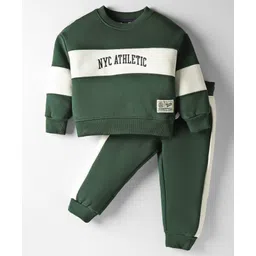 Smarty Boys Fleece Knit Full Sleeves Cut & Sew Winter Night Suit with Text Embroidery - Green-picture-33