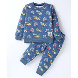 Smarty Boys Fleece Knit Full Sleeves Winter Wear Co-Ord Night Suit With Vehicles Print - Navy-picture-13