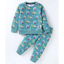 Smarty Boys Fleece Knit Full Sleeves Winter Wear Co-Ord Night Suit With Vehicles Print - Teal Blue-picture-12