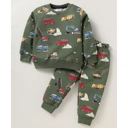 Smarty Boys Fleece Knit Full Sleeves Winter Wear T-Shirt & Lounge Pant Set With Vehicle Print - Olive Green-picture-10