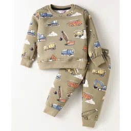 Smarty Boys Fleece Knit Full Sleeves Winter Wear T-Shirt & Lounge Pant Set With Vehicle Print - Tan image 1