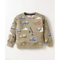 Smarty Boys Fleece Knit Full Sleeves Winter Wear T-Shirt & Lounge Pant Set With Vehicle Print - Tan image 2