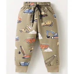 Smarty Boys Fleece Knit Full Sleeves Winter Wear T-Shirt & Lounge Pant Set With Vehicle Print - Tan image 4