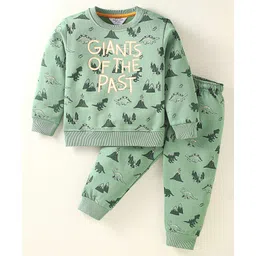 Smarty Boys Premium Stretch Fleece Knit Full Sleeves Winter Wear Co-Ord Night Suit With Dino Print - Mint Green-picture-23