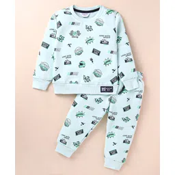 Smarty Boys Premium Stretch Fleece Knit Full Sleeves Winter Wear Co-Ord Night Suit With Racing Cars Print - Aqua-picture-20