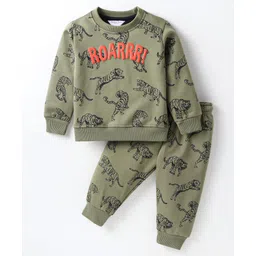 Smarty Boys Premium Stretch Fleece Knit Full Sleeves Winter Wear Co-Ord Night Suit With Tiger Print - Olive Green-picture-18