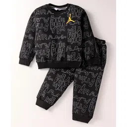 Smarty Boys Stretch Fleece Knit Full Sleeves Text Printed Winter Wear Night Suit with Pockets & Embroidery -Black-picture-25