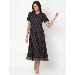 Smarty Pants Navy Blue & raisin black Ethnic Motifs A-Line Midi Dress-picture-17