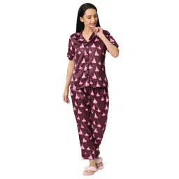 Smarty Pants Wine Satin Print Shirt With Pyjamas-picture-41