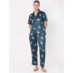 Smarty Pants Women Teal & White Satin Printed Night suit-picture-12