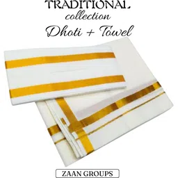 SMILE FASHIION MENS COTTON 4-MULAM WHITE DHOTI WITH GOLD 2-BORDER ANGAVASTRAM Solid Men Dhoti Solid Men Dhoti-picture-24