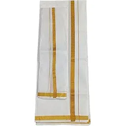 smt Men's Traditional Cotton Single Dhoti Lunge with Big Gold Border.Plus 1 Angvastram Towel 1.80 Meters Length.(White, Free Size ).Set.A1-picture-37