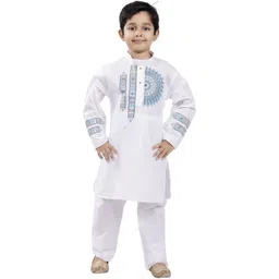 Smuktar garments Boys White & Blue Printed Mandarin Collar Cotton Kurta & Trouser-picture-26