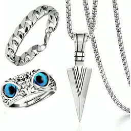 smykker fashion Men Arrow Locket & Owl Ring & Silver Bracelets pack of 3 item Silver Plated Stainless Steel Chain-picture-13