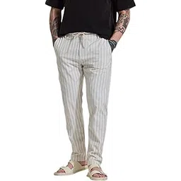 Men Mid Rise Casual Trousers | Slim Fit Vertical Stripes | Polyester Blend, Smooth Texture, Turned-Up Cuffs | Perfect for Casual & College Wear-image-11