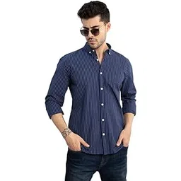 snitch Lining Navy Spread Collar Stripe Slim Fit Shirt-picture-42