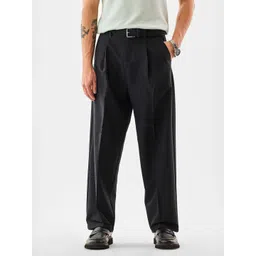 Snitch Men Mid Rise Baggy Fit Pleated Formal Trousers-picture-22