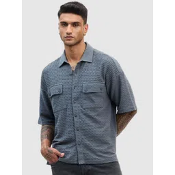 Snitch Men Relaxed Boxy Fit Spread Collar Textured Cotton Casual Shirt-picture-19