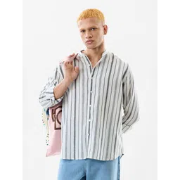 Snitch Men Vertical Striped Mandarin Collar Casual Shirt-image-22